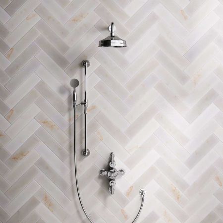 Linton Dual Outlet Semi Exposed Shower with Slider Rail, 500mm Wall Arm, 8" Rose & Metal Levers in Chrome