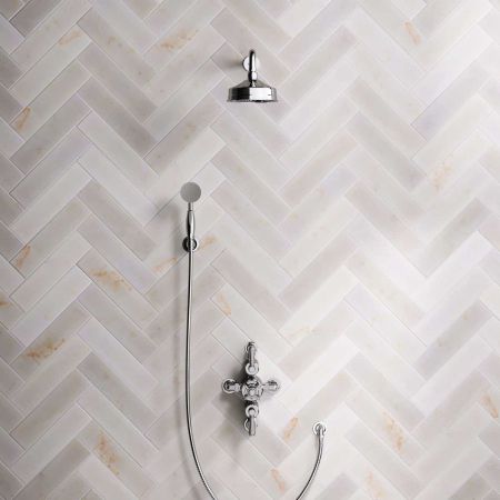 Linton Dual Outlet Semi Exposed Shower with Handshower Hook, 500mm Wall Arm, 6" Rose & White Levers in Chrome
