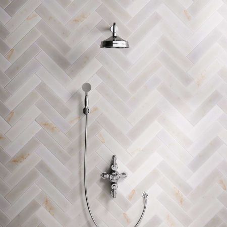 Linton Dual Outlet Semi Exposed Shower with Handshower Hook, 500mm Wall Arm, 8" Rose & White Levers in Chrome