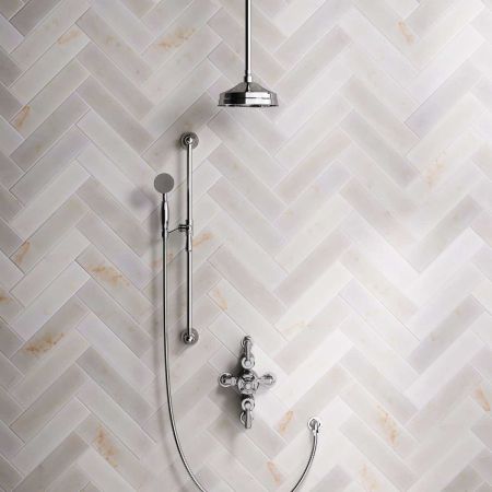 Linton Dual Outlet Semi Exposed Shower with Slider Rail, 210mm Ceiling Arm, 8" Rose & Metal Levers in Chrome