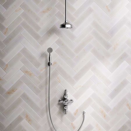 Linton Dual Outlet Semi Exposed Shower with Handshower Hook, 210mm Ceiling Arm, 6" Rose & White Levers in Chrome