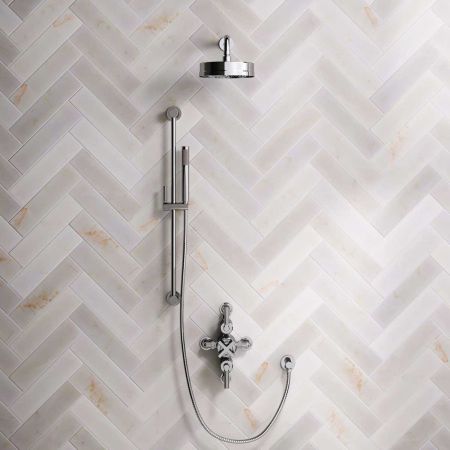 Bayor Dual Outlet Semi Exposed Shower with Slider Rail, 300mm Wall Arm, 8" Rose & Metal Levers in Chrome