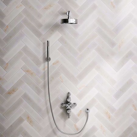 Bayor Dual Outlet Semi Exposed Shower with Handshower Hook, 300mm Wall Arm, 8" Rose & Metal Levers in Chrome