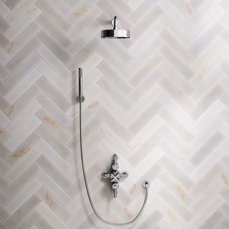Bayor Dual Outlet Semi Exposed Shower with Handshower Hook, 500mm Wall Arm, 8" Rose & Metal Levers in Chrome