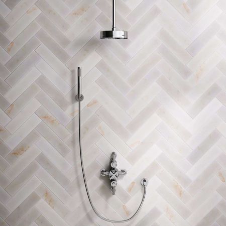 Bayor Dual Outlet Semi Exposed Shower with Handshower Hook, 210mm Ceiling Arm, 8" Rose & Metal Levers in Chrome