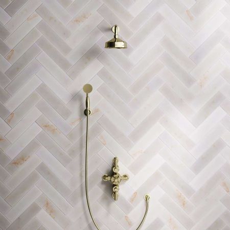 Calder Dual Outlet Shower Kit - Semi-Exposed Valve - 6 inch Rose - Metal Lever - Handshower Hook - Timeless Brass