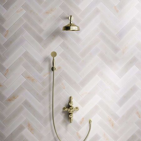 Calder Dual Outlet Shower Kit - Semi-Exposed Valve - 8 inch Rose - Metal Lever - Handshower Hook - Timeless Brass