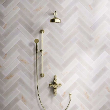 Calder Dual Outlet Shower Kit - Semi-Exposed Valve - 6 inch Rose - 500mm Shower Arm - Metal Lever - Handshower Slider-Rail - Timeless Brass