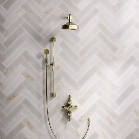 Calder Dual Outlet Shower Kit - Semi-Exposed Valve - 8 inch Rose - 500mm Shower Arm - Metal Lever - Handshower Slider-Rail - Timeless Brass