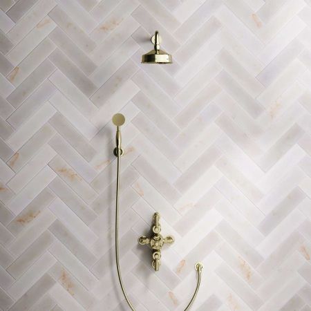 Calder Dual Outlet Shower Kit - Semi-Exposed Valve - 6 inch Rose - 500mm Shower Arm - Metal Lever - Handshower Hook - Timeless Brass