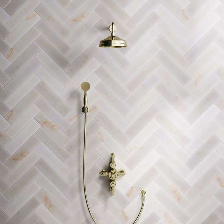 Calder Dual Outlet Shower Kit - Semi-Exposed Valve - 8 inch Rose - 500mm Shower Arm - Metal Lever - Handshower Hook - Timeless Brass