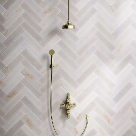 Calder Dual Outlet Shower Kit - Semi-Exposed Valve - 6 inch Rose - Metal Lever - Handshower Hook - Ceiling Mounted Rose - Timeless Brass