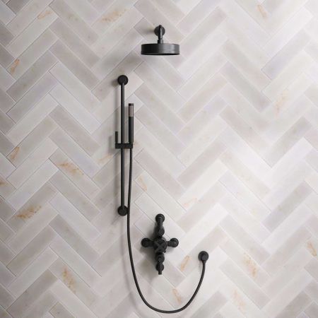 Bayor Dual Outlet Semi Exposed Shower with Slider Rail, 300mm Wall Arm, 8" Rose & Metal Levers in Matt Black
