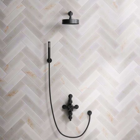 Bayor Dual Outlet Semi Exposed Shower with Handshower Hook, 300mm Wall Arm, 8" Rose & Metal Levers in Matt Black