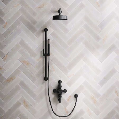 Bayor Dual Outlet Semi Exposed Shower with Slider Rail, 500mm Wall Arm, 8" Rose & Metal Levers in Matt Black