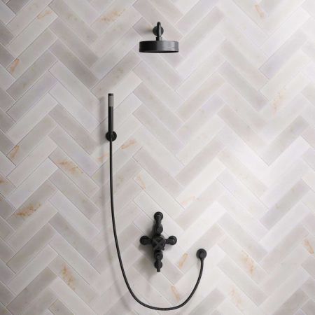 Bayor Dual Outlet Semi Exposed Shower with Handshower Hook, 500mm Wall Arm, 8" Rose & Metal Levers in Matt Black