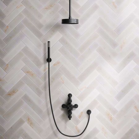Bayor Dual Outlet Semi Exposed Shower with Handshower Hook, 210mm Ceiling Arm, 8" Rose & Metal Levers in Matt Black