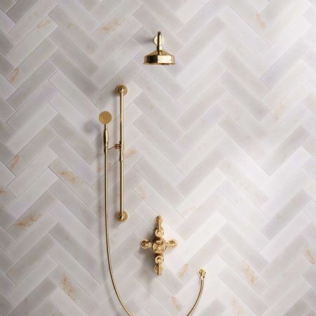 Calder Dual Outlet Shower Kit - Semi-Exposed Valve - 6 inch Rose - 500mm Shower Arm - Metal Lever - Handshower Slider-Rail - Living Brass