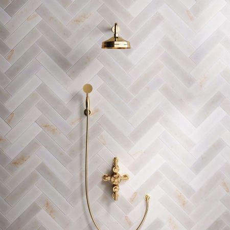 Calder Dual Outlet Shower Kit - Semi-Exposed Valve - 8 inch Rose - 500mm Shower Arm - Metal Lever - Handshower Hook - Living Brass