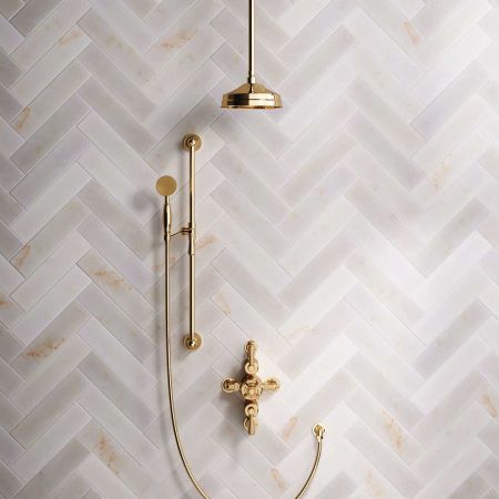 Calder Dual Outlet Shower Kit - Semi-Exposed Valve - 8 inch Rose - Metal Lever - Handshower Slider-Rail - Ceiling Mounted Rose - Living Brass