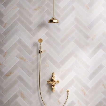 Calder Dual Outlet Shower Kit - Semi-Exposed Valve - 6 inch Rose - Metal Lever - Handshower Hook - Ceiling Mounted Rose - Living Brass