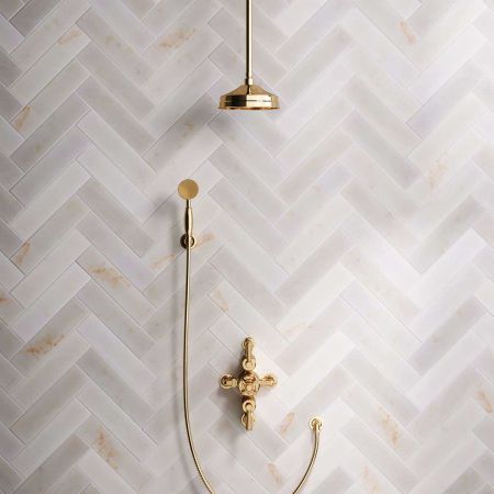 Calder Dual Outlet Shower Kit - Semi-Exposed Valve - 8 inch Rose - Metal Lever - Handshower Hook - Ceiling Mounted Rose - Living Brass