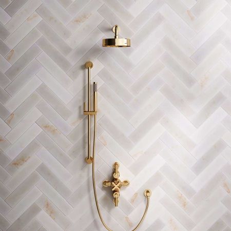 Bayor Dual Outlet Semi Exposed Shower with Slider Rail, 300mm Wall Arm, 8" Rose & Metal Levers in Living Brass