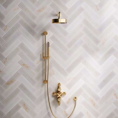 Bayor Dual Outlet Semi Exposed Shower with Slider Rail, 500mm Wall Arm, 8" Rose & Metal Levers in Living Brass