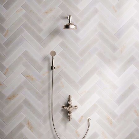 Linton Dual Outlet Semi Exposed Shower with Handshower Hook, 300mm Wall Arm, 6" Rose & White Levers in Polished Nickel