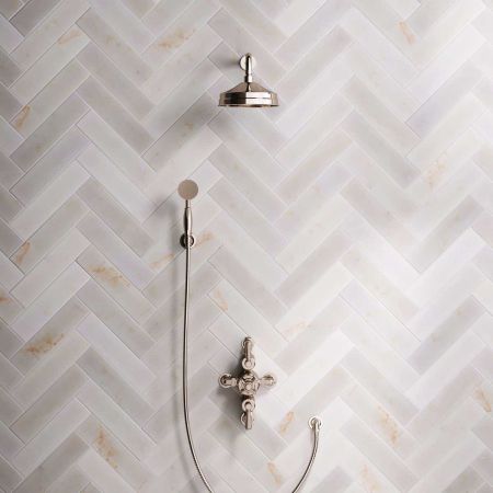 Linton Dual Outlet Semi Exposed Shower with Handshower Hook, 300mm Wall Arm, 8" Rose & White Levers in Polished Nickel