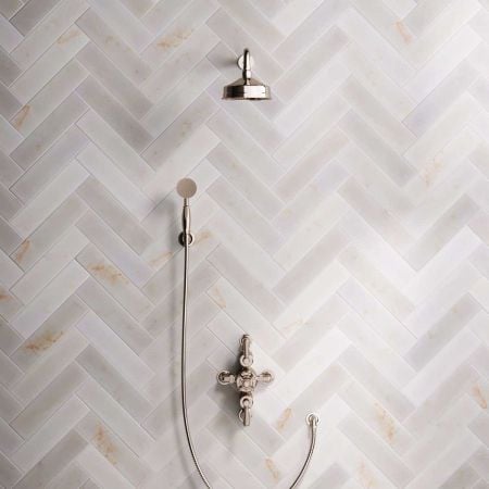 Linton Dual Outlet Semi Exposed Shower with Handshower Hook, 500mm Wall Arm, 6" Rose & White Levers in Polished Nickel