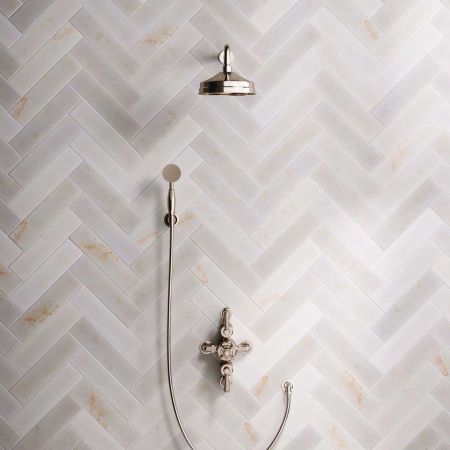 Linton Dual Outlet Semi Exposed Shower with Handshower Hook, 500mm Wall Arm, 8" Rose & White Levers in Polished Nickel