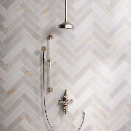 Linton Dual Outlet Semi Exposed Shower with Slider Rail, 210mm Ceiling Arm, 8" Rose & Metal Levers in Polished Nickel