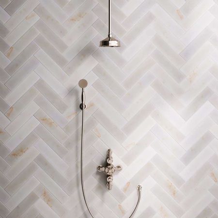 Linton Dual Outlet Semi Exposed Shower with Handshower Hook, 210mm Ceiling Arm, 6" Rose & White Levers in Polished Nickel
