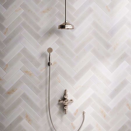 Linton Dual Outlet Semi Exposed Shower with Handshower Hook, 210mm Ceiling Arm, 8" Rose & White Levers in Polished Nickel