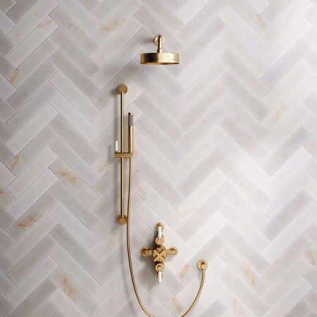 Bayor Dual Outlet Semi Exposed Shower with Slider Rail, 300mm Wall Arm, 8" Rose & White Levers in Brushed Brass