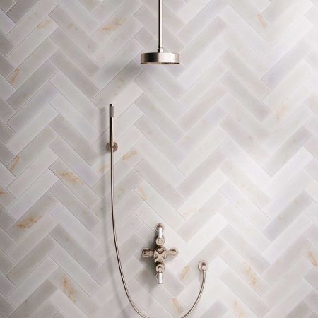Bayor Dual Outlet Semi Exposed Shower with Handshower Hook, 210mm Ceiling Arm, 8" Rose & White Levers in Brushed Nickel