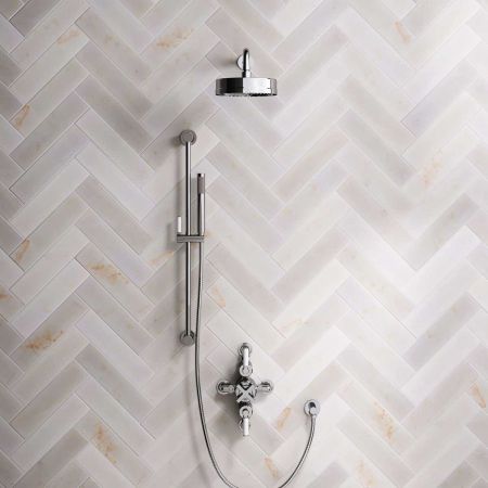 Bayor Dual Outlet Semi Exposed Shower with Slider Rail, 500mm Wall Arm, 8" Rose & White Levers in Chrome