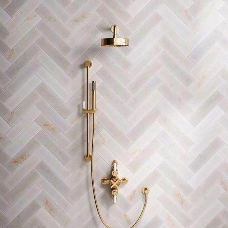 Bayor Dual Outlet Semi Exposed Shower with Slider Rail, 300mm Wall Arm, 8" Rose & White Levers in Living Brass