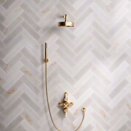 Bayor Dual Outlet Semi Exposed Shower with Handshower Hook, 300mm Wall Arm, 8" Rose & White Levers in Living Brass
