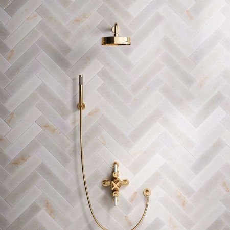 Bayor Dual Outlet Semi Exposed Shower with Handshower Hook, 500mm Wall Arm, 8" Rose & White Levers in Living Brass