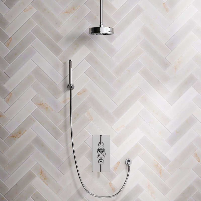 Bayor Dual Outlet Concealed Shower with Handshower Hook, 210mm Ceiling Arm, 8" Rose & Metal Levers in Chrome