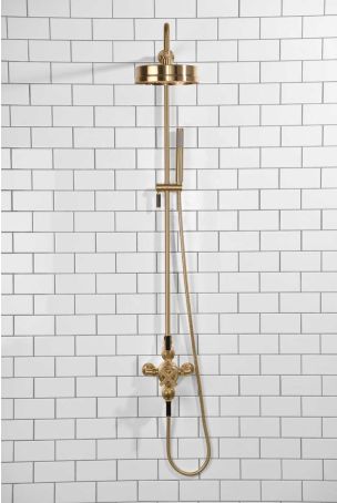 Elbe Dual Outlet Shower Kit - Exposed Valve - Black Ceramic Lever - Handshower Mounted on Riser-Rail - Brushed Brass