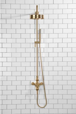 Elbe Dual Outlet Shower Kit - Exposed Valve - Brushed Brass Lever - Handshower Mounted on Riser-Rail - Brushed Brass