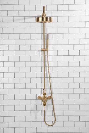 Elbe Dual Outlet Shower Kit - Exposed Valve - White Ceramic Lever - Handshower Mounted on Riser-Rail - Brushed Brass