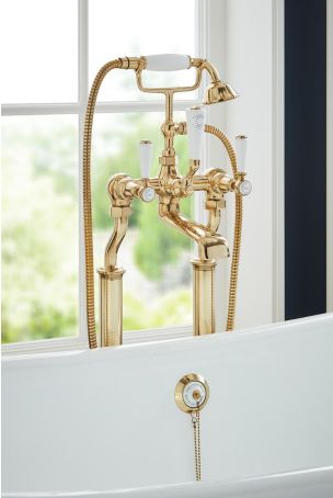 Linton Floor Standing Bath Shower Mixer White Lever Brass 3/4BSP (For Baths Without Tap Holes Only)