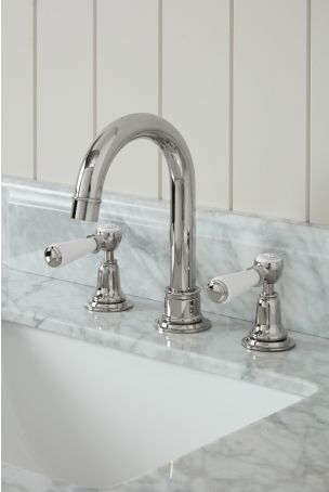 Linton 3 Hole Basin Mixer - Swan Neck Spout - White Lever - Chrome Finish