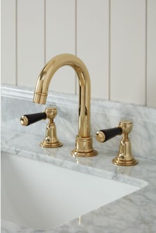 Linton 3 Hole Basin Mixer - Swan Neck Spout - Black Lever - Polished Brass Finish