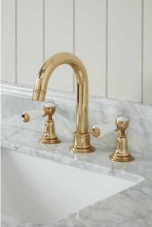 Linton 3 Hole Basin Mixer - Swan Neck Spout - White Lever - Polished Brass Finish