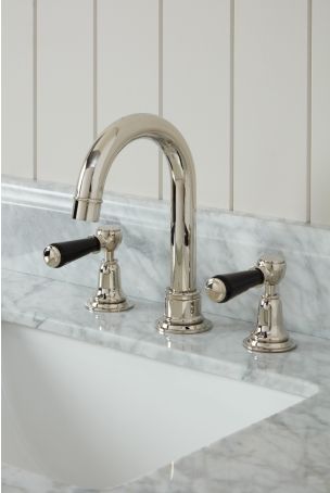 Linton 3 Hole Basin Mixer - Swan Neck Spout - Black Lever - Polished Nickel Finish